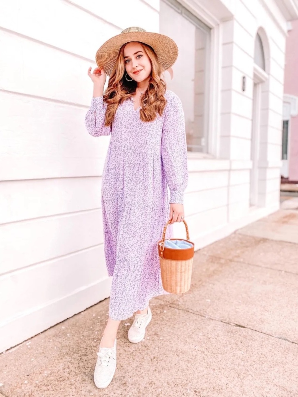 A New Day Lavender Floral Tiered Midi Dress XXL Boho Cottagecore Long Sleeve